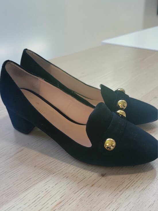 kate spade Shoes - Kate Spade New York Black Suede Block Heel Loafer Pumps Gold Sz 8